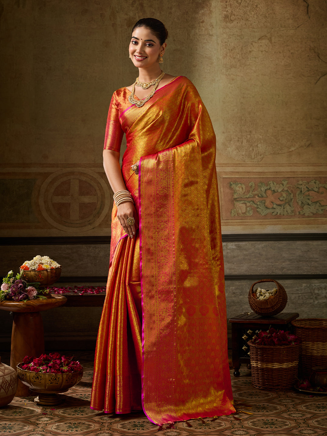 Shree Shyam Fashion Woven Work Kanchivaram Silk Fabric Festive Wear Saree With Blouse—Orange - Dista