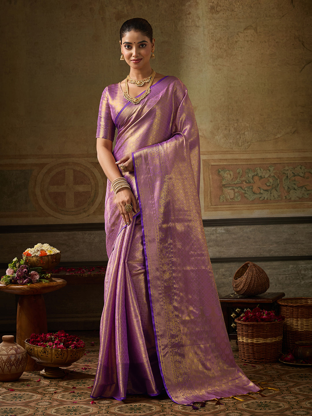 Shree Shyam Fashion Woven Work Kanchivaram Silk Fabric Festive Wear Saree With Blouse—Lavender - Dista