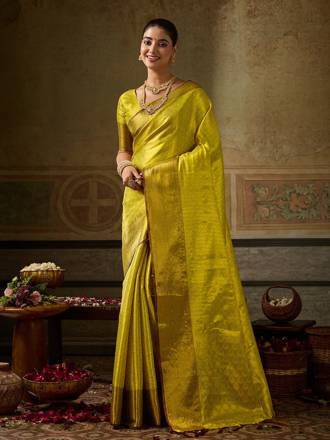 Shree Shyam Fashion Woven Work Kanchivaram Silk Fabric Festive Wear Saree With Blouse—Mustrd - Dista