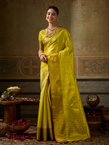 Shree Shyam Fashion Woven Work Kanchivaram Silk Fabric Festive Wear Saree With Blouse—Mustrd - Dista