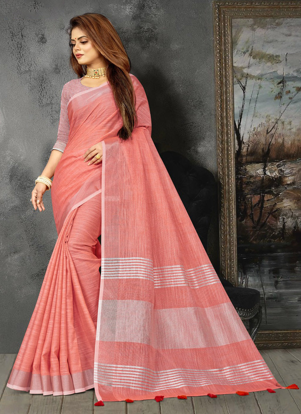 Astita Elegant Peach Woven Linen Saree with Contrast Zari Border & Tassels - Soft & Breathable Party Wear - Distacart