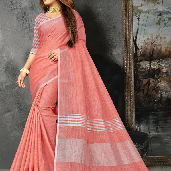 Astita Elegant Peach Woven Linen Saree with Contrast Zari Border & Tassels - Soft & Breathable Party Wear - Distacart