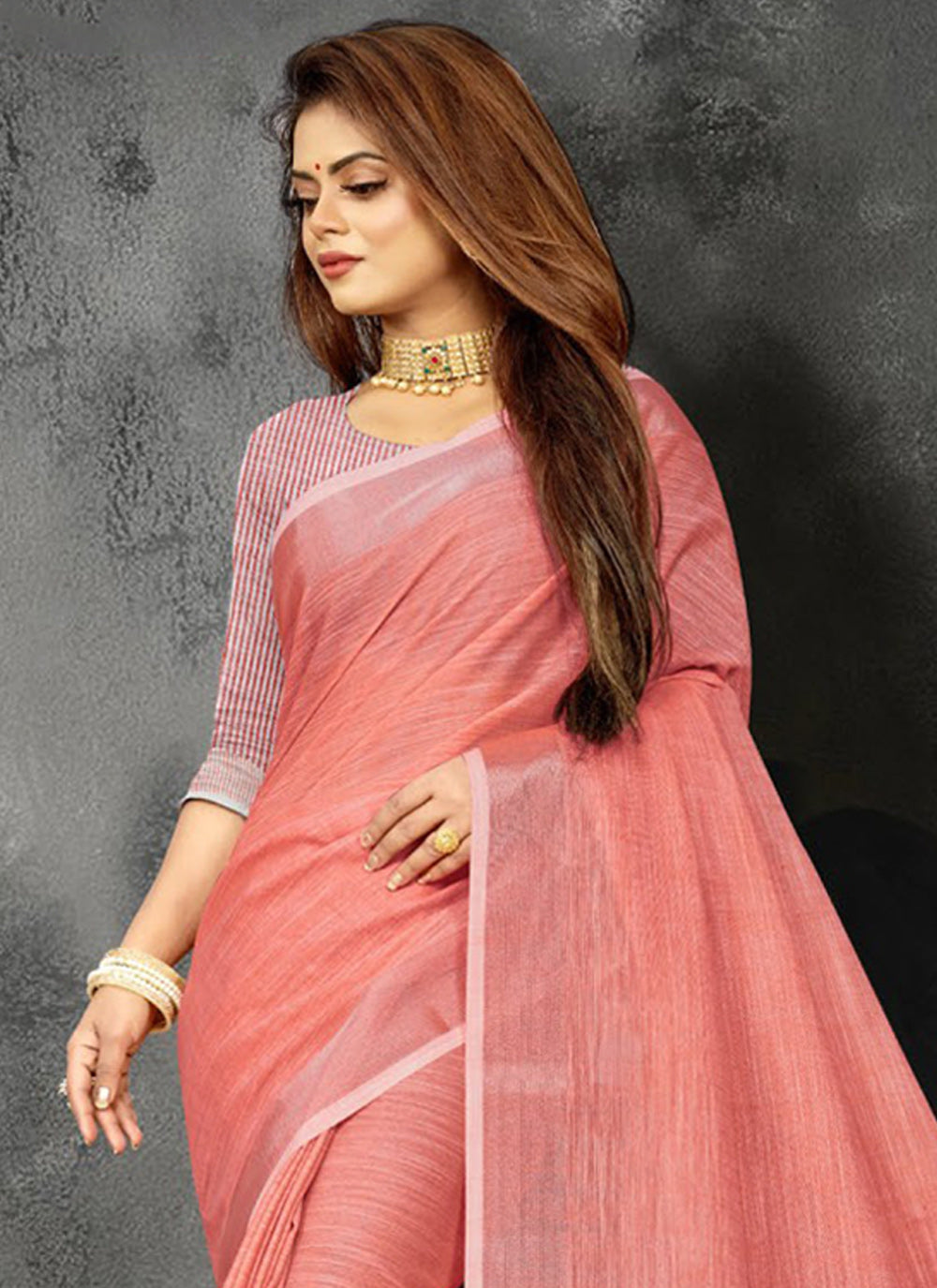 Astita Elegant Peach Woven Linen Saree with Contrast Zari Border & Tassels - Soft & Breathable Party Wear - Distacart