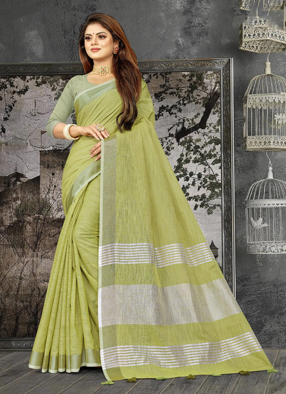 Astita Elegant Olive Green Woven Linen Saree with Contrast Zari Border & Tassels - Soft & Breathable Party Wear - Distacart