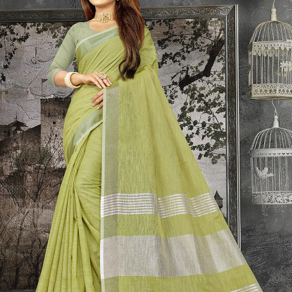 Astita Elegant Olive Green Woven Linen Saree with Contrast Zari Border & Tassels - Soft & Breathable Party Wear - Distacart