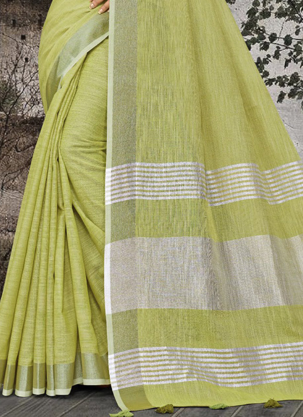 Astita Elegant Olive Green Woven Linen Saree with Contrast Zari Border & Tassels - Soft & Breathable Party Wear - Distacart