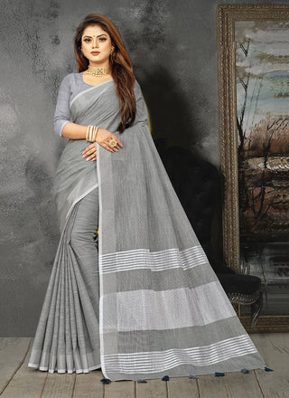 Astita Elegant Light Grey Woven Linen Saree with Contrast Zari Border & Tassels - Soft & Breathable Party Wear - Distacart