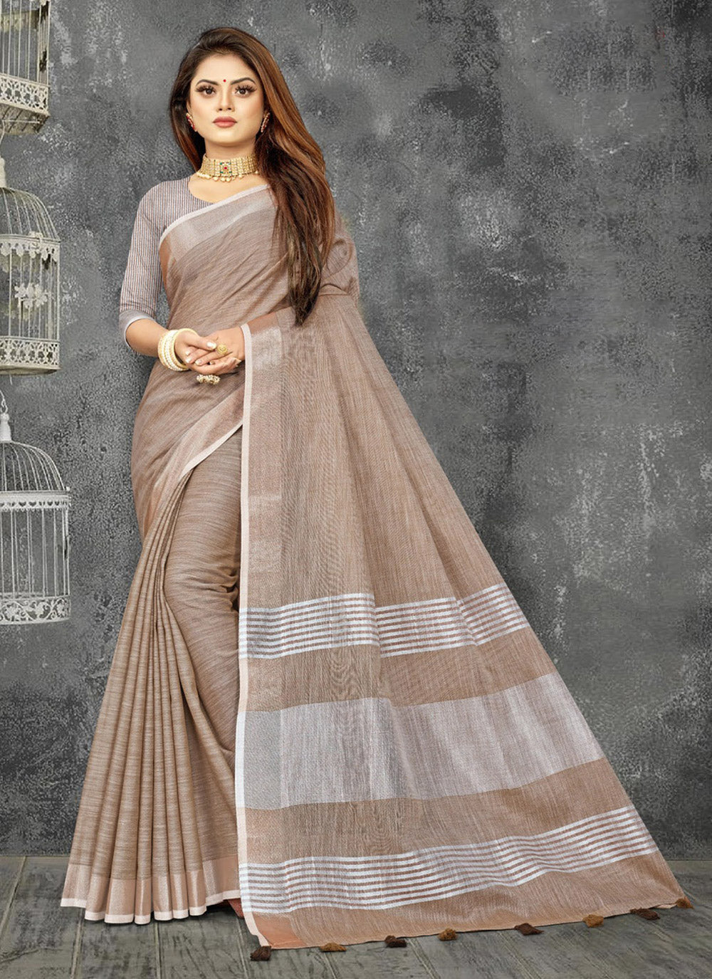 Astita Elegant Beige Woven Linen Saree with Contrast Zari Border & Tassels - Soft & Breathable Party Wear - Distacart