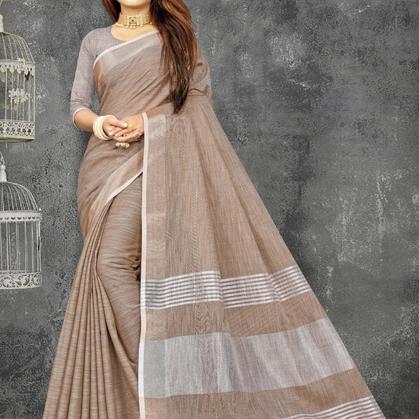 Astita Elegant Beige Woven Linen Saree with Contrast Zari Border & Tassels - Soft & Breathable Party Wear - Distacart