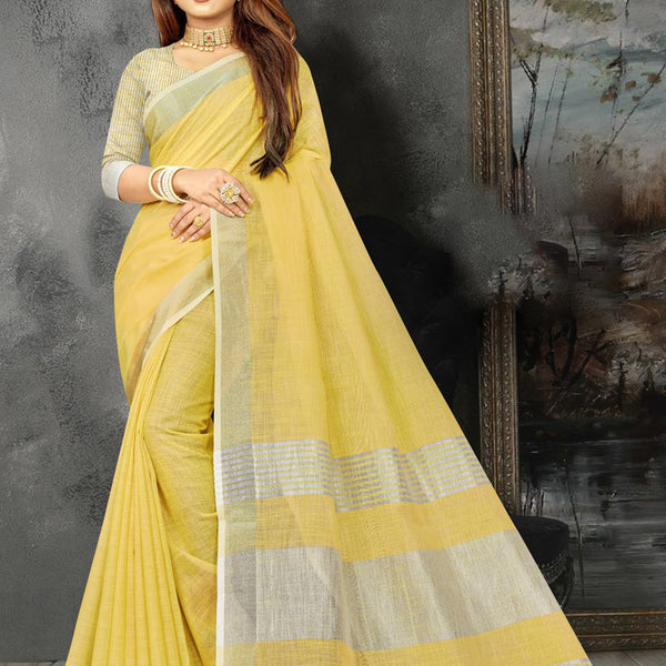 Astita Elegant Yellow Woven Linen Saree with Contrast Zari Border & Tassels - Soft & Breathable Party Wear - Distacart