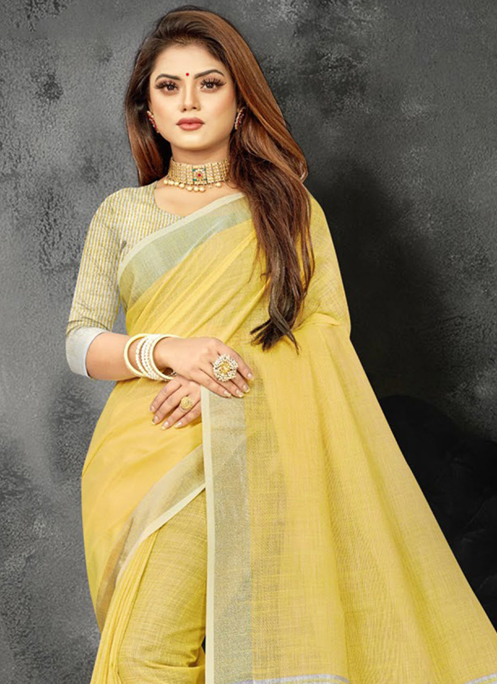 Astita Elegant Yellow Woven Linen Saree with Contrast Zari Border & Tassels - Soft & Breathable Party Wear - Distacart