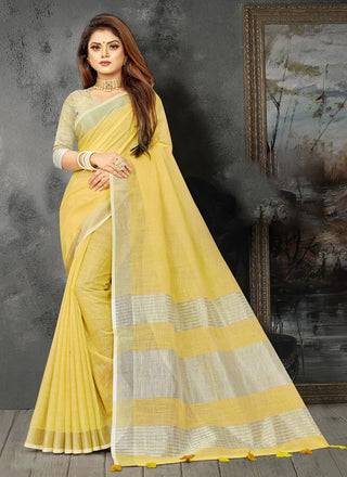 Astita Elegant Yellow Woven Linen Saree with Contrast Zari Border & Tassels - Soft & Breathable Party Wear - Distacart