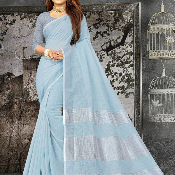 Astita Elegant Sky Blue Woven Linen Saree with Contrast Zari Border & Tassels - Soft & Breathable Party Wear - Distacart
