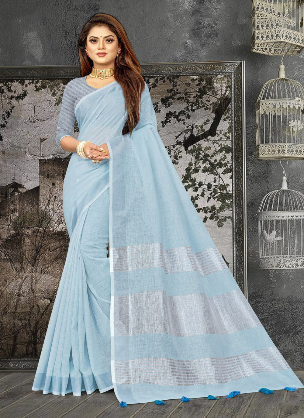 Shree Shyam Fashion Elegant Sky Blue Woven Linen Saree with Contrast Zari Border & Tassels - Soft & Breathable Party Wear - Distacart