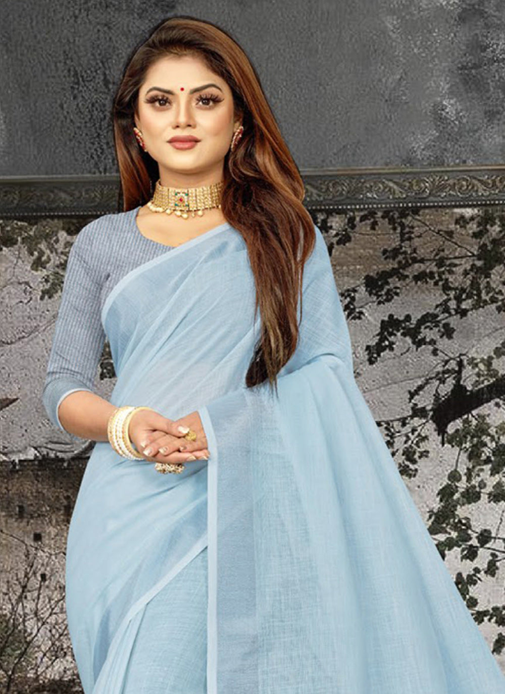 Astita Elegant Sky Blue Woven Linen Saree with Contrast Zari Border & Tassels - Soft & Breathable Party Wear - Distacart