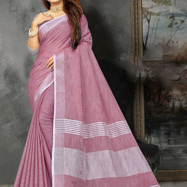Astita Elegant Mauve Woven Linen Saree with Contrast Zari Border & Tassels - Soft & Breathable Party Wear - Distacart