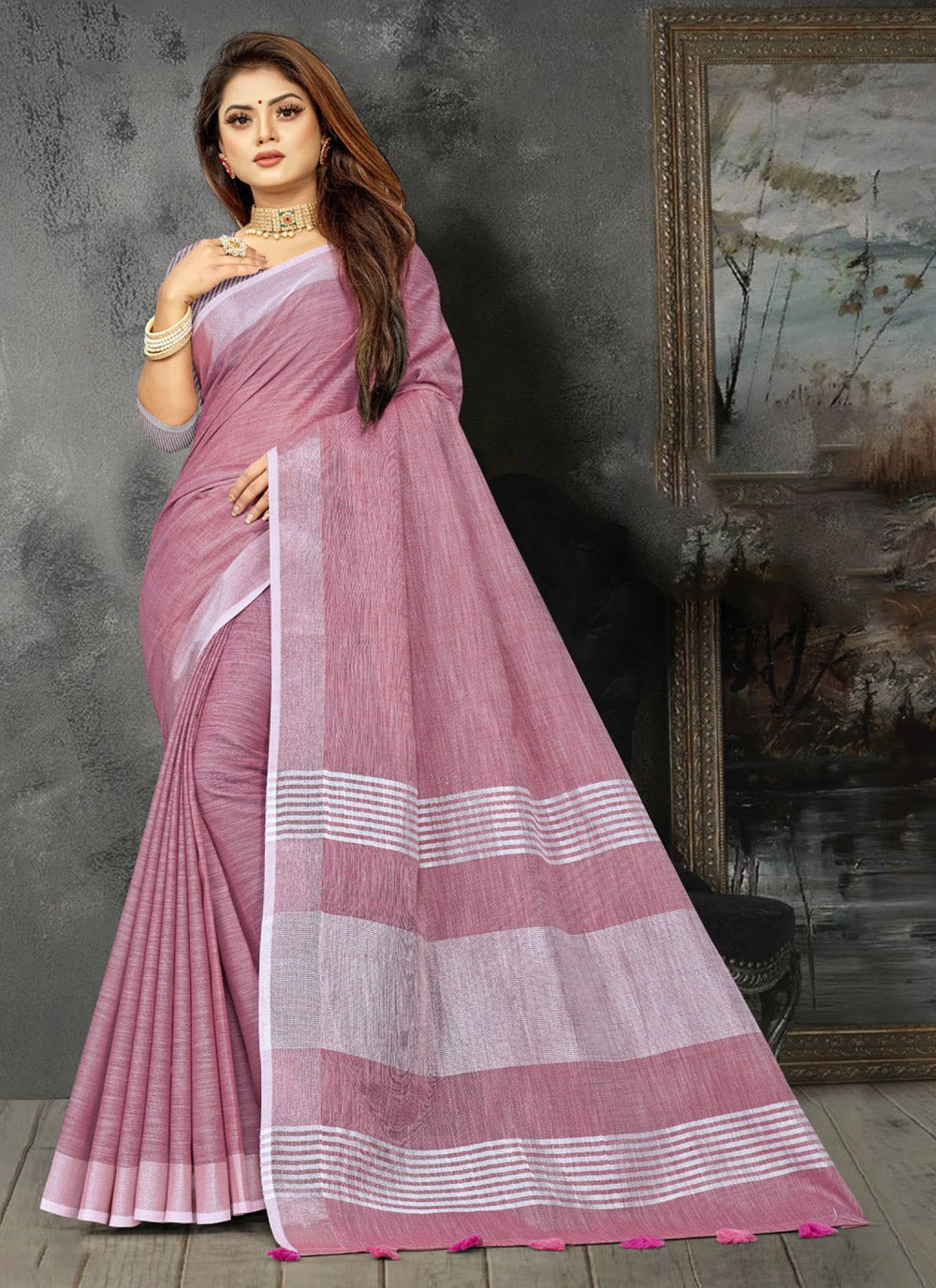 Shree Shyam Fashion Elegant Mauve Woven Linen Saree with Contrast Zari Border & Tassels - Soft & Breathable Party Wear - Distacart