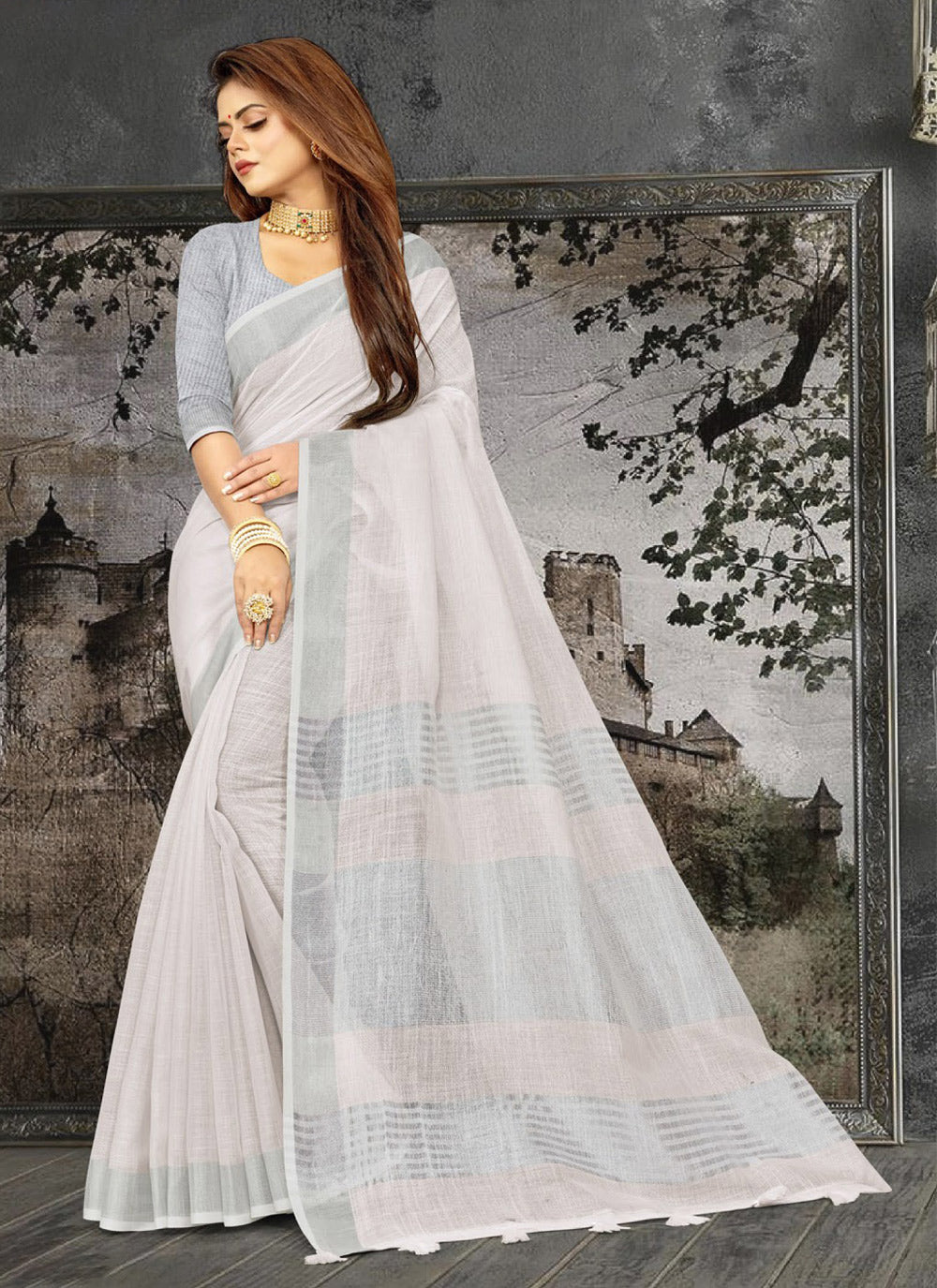 Astita Elegant White Woven Linen Saree with Contrast Zari Border & Tassels - Soft & Breathable Party Wear - Distacart