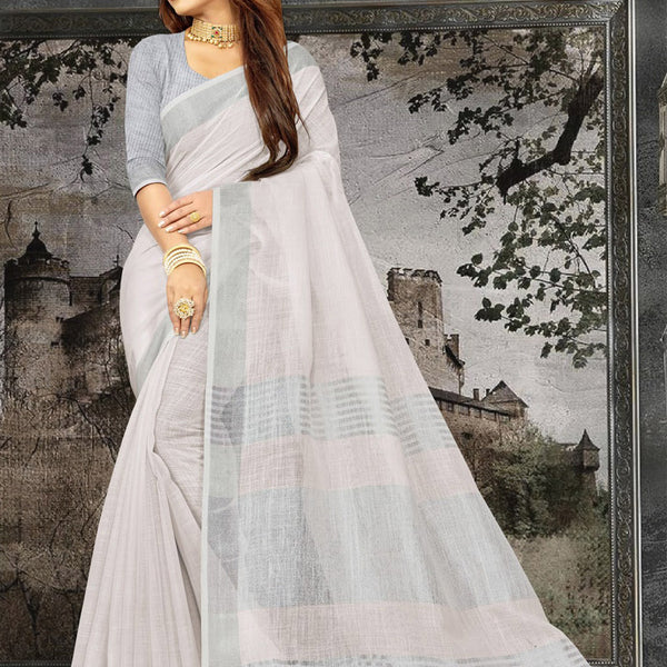 Astita Elegant White Woven Linen Saree with Contrast Zari Border & Tassels - Soft & Breathable Party Wear - Distacart