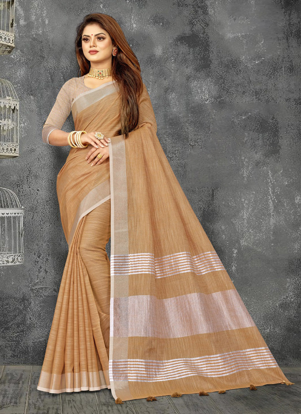 Astita Elegant Tan Woven Linen Saree with Contrast Zari Border & Tassels - Soft & Breathable Party Wear - Distacart