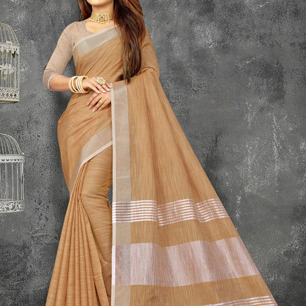 Astita Elegant Tan Woven Linen Saree with Contrast Zari Border & Tassels - Soft & Breathable Party Wear - Distacart