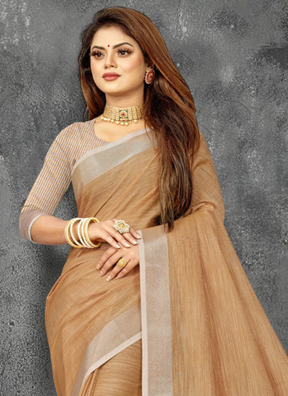 Astita Elegant Tan Woven Linen Saree with Contrast Zari Border & Tassels - Soft & Breathable Party Wear - Distacart