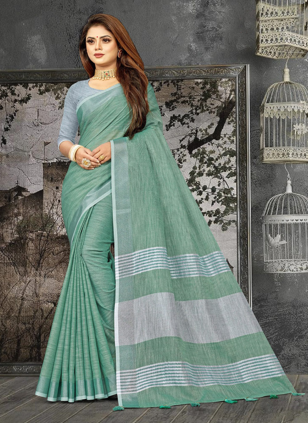 Astita Elegant Sea Green Woven Linen Saree with Contrast Zari Border & Tassels - Soft & Breathable Party Wear - Distacart