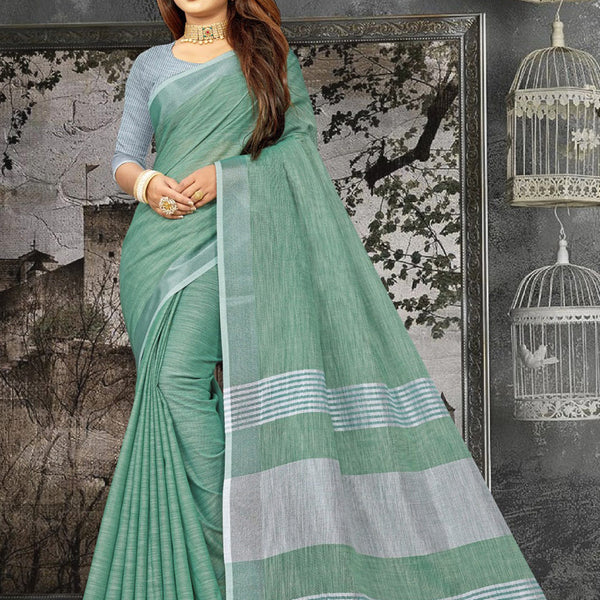 Astita Elegant Sea Green Woven Linen Saree with Contrast Zari Border & Tassels - Soft & Breathable Party Wear - Distacart