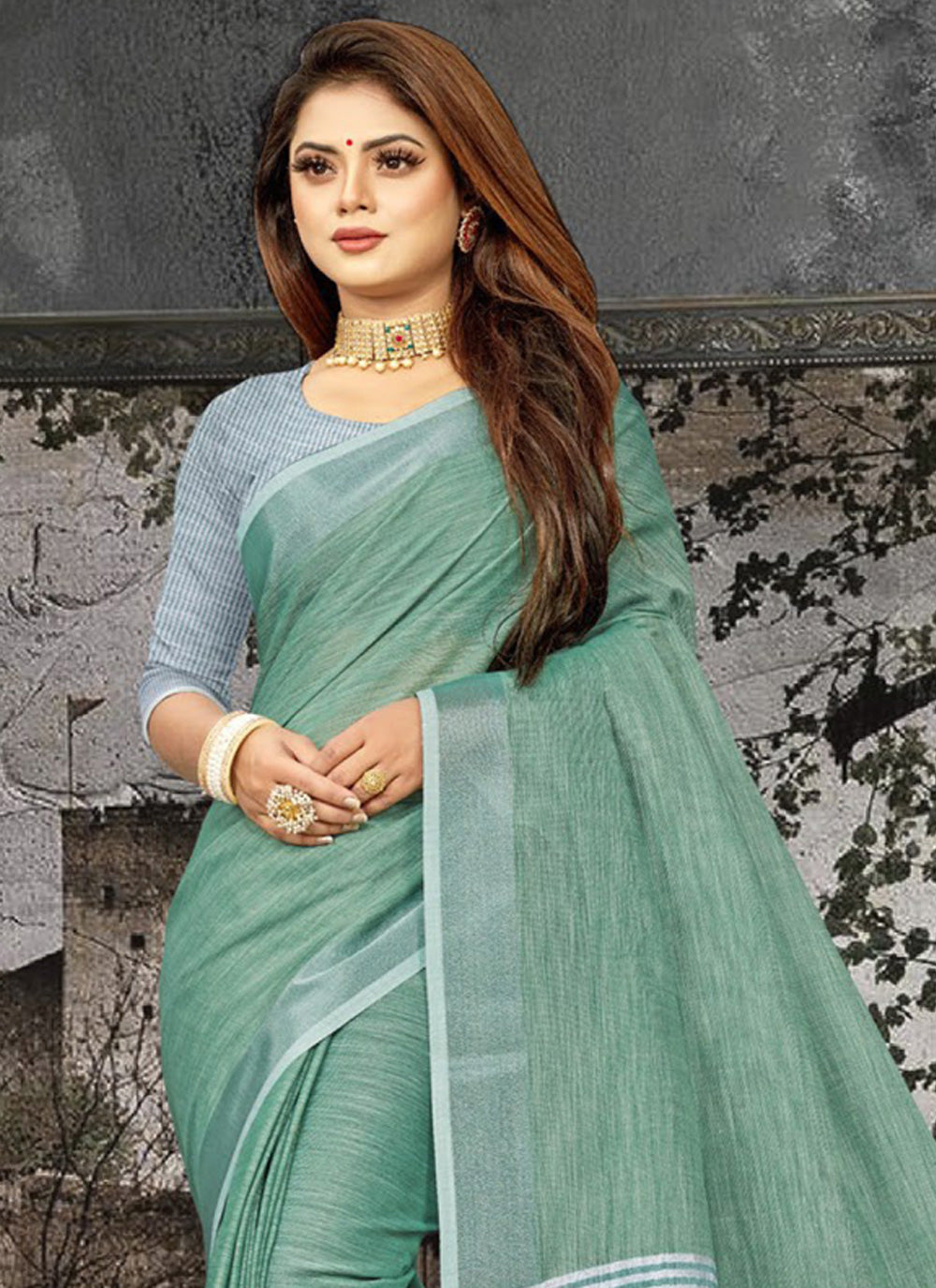 Astita Elegant Sea Green Woven Linen Saree with Contrast Zari Border & Tassels - Soft & Breathable Party Wear - Distacart