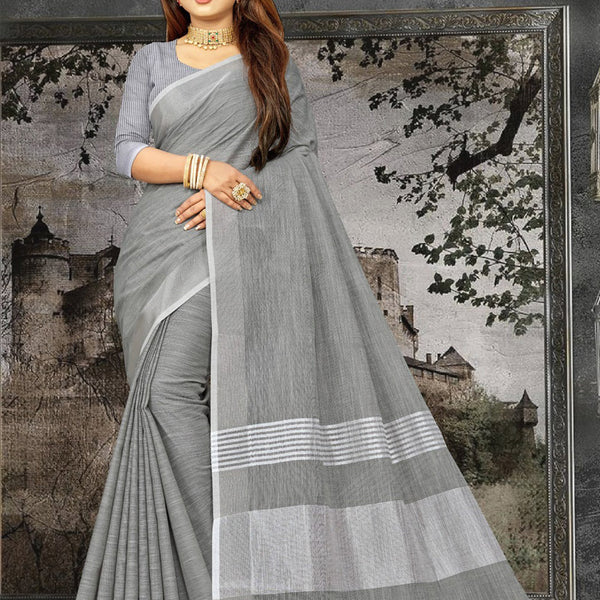 Astita Elegant Dark Grey Woven Linen Saree with Contrast Zari Border & Tassels - Soft & Breathable Party Wear - Distacart