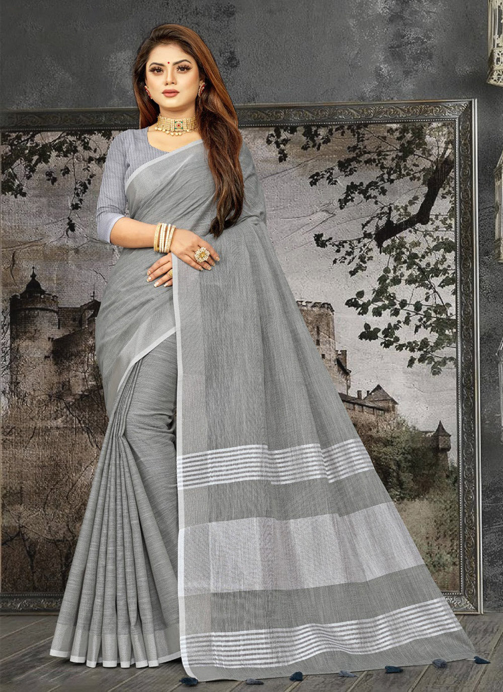Shree Shyam Fashion Elegant Dark Grey Woven Linen Saree with Contrast Zari Border & Tassels - Soft & Breathable Party Wear - Distacart