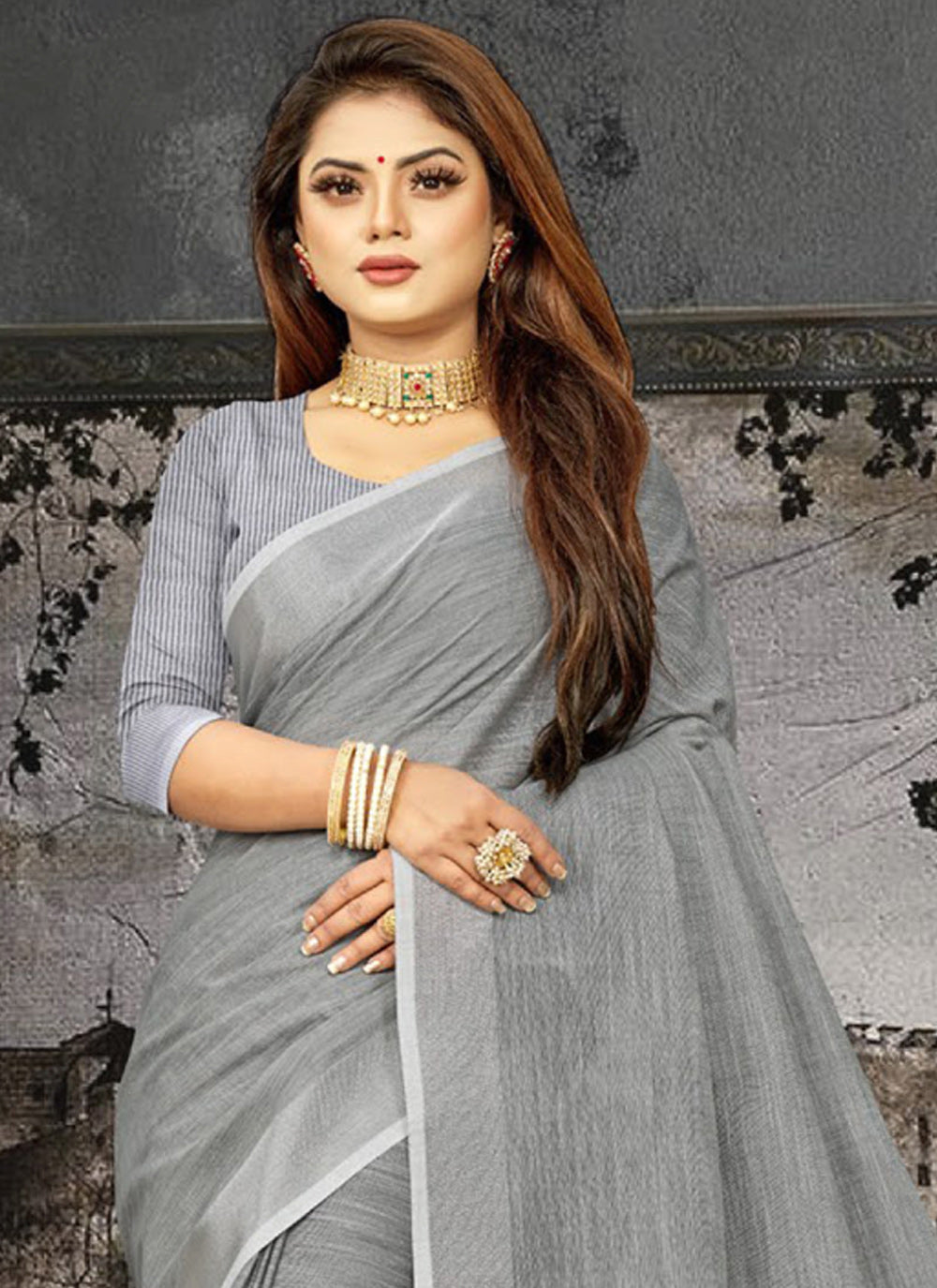 Astita Elegant Dark Grey Woven Linen Saree with Contrast Zari Border & Tassels - Soft & Breathable Party Wear - Distacart