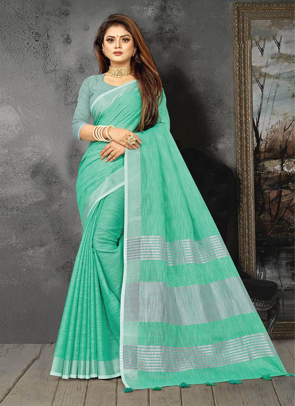 Astita Elegant Turquoise Woven Linen Saree with Contrast Zari Border & Tassels - Soft & Breathable Party Wear - Distacart