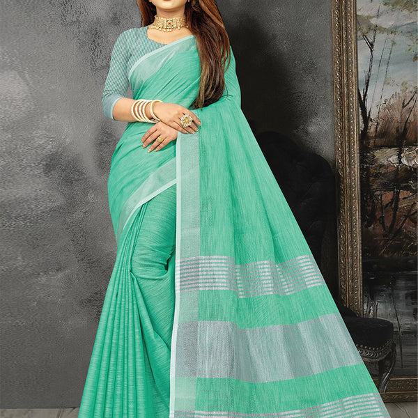 Astita Elegant Turquoise Woven Linen Saree with Contrast Zari Border & Tassels - Soft & Breathable Party Wear - Distacart