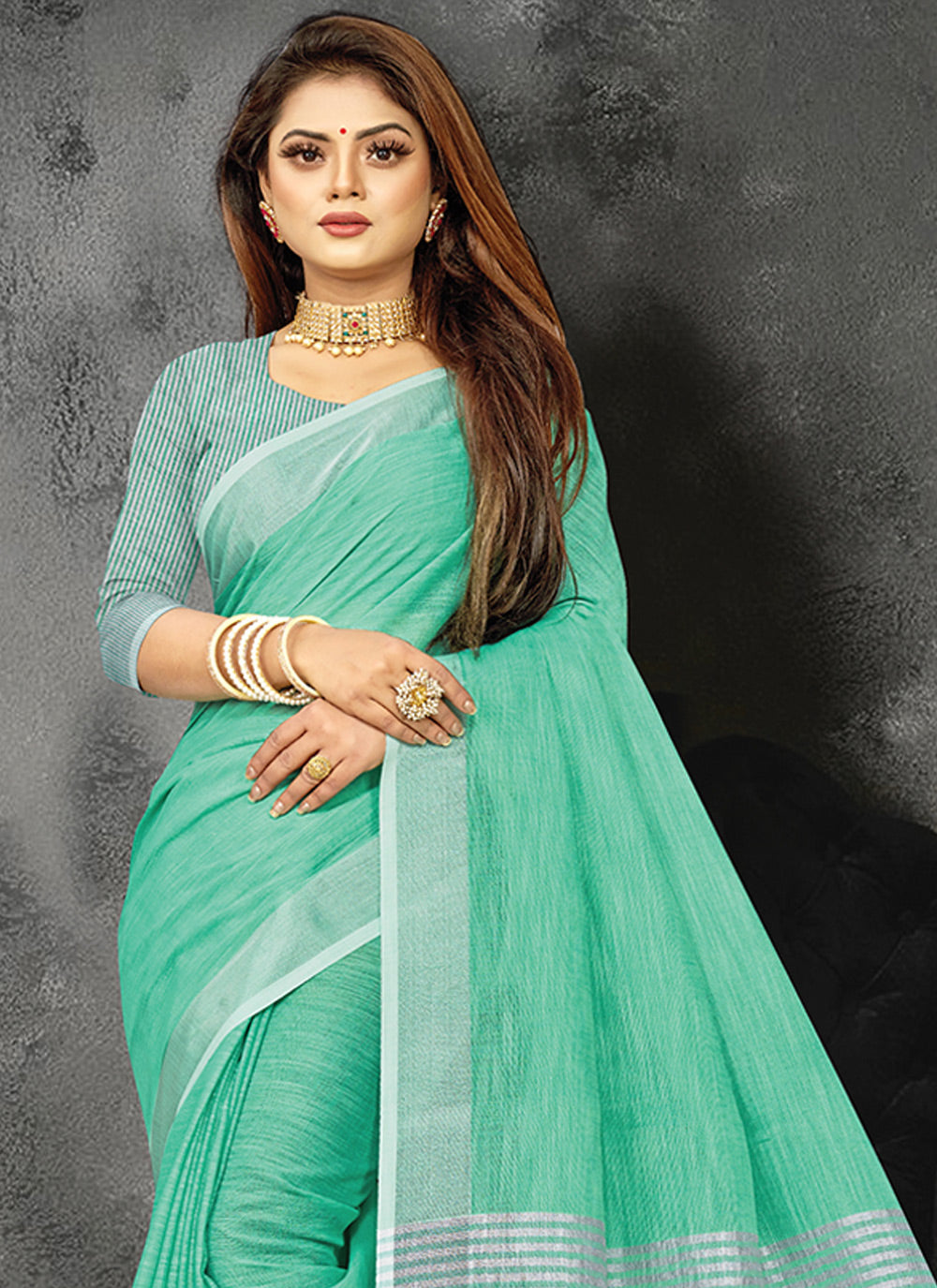 Astita Elegant Turquoise Woven Linen Saree with Contrast Zari Border & Tassels - Soft & Breathable Party Wear - Distacart
