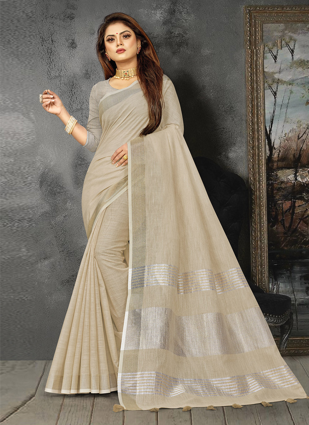 Astita Elegant Cream Woven Linen Saree with Contrast Zari Border & Tassels - Soft & Breathable Party Wear - Distacart