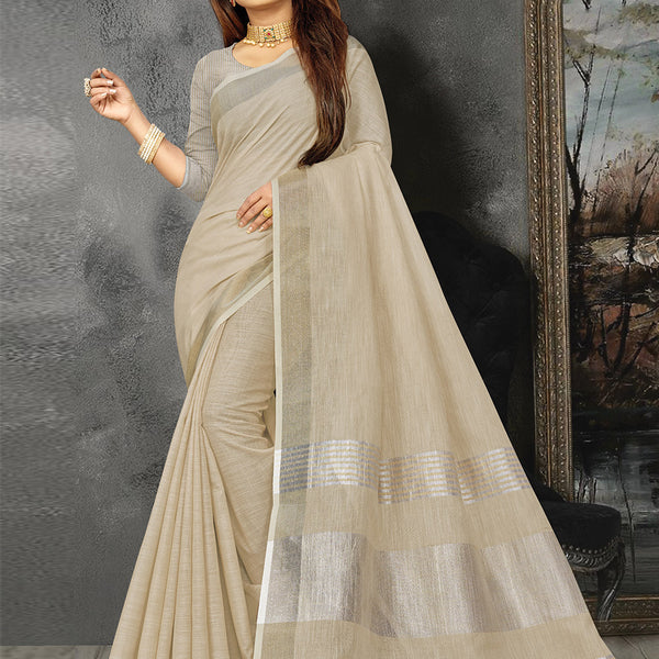 Astita Elegant Cream Woven Linen Saree with Contrast Zari Border & Tassels - Soft & Breathable Party Wear - Distacart