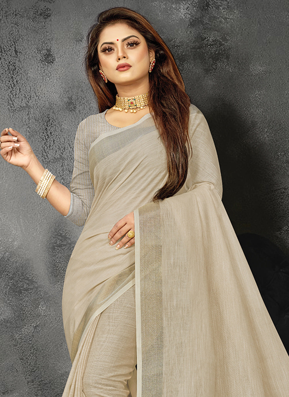 Astita Elegant Cream Woven Linen Saree with Contrast Zari Border & Tassels - Soft & Breathable Party Wear - Distacart