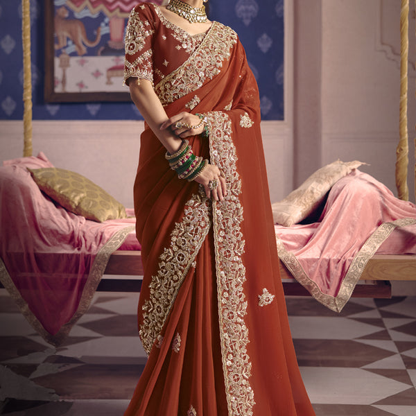 Vegaa Fashion Red Silk Embroidered Wedding Wear Saree - Distacart