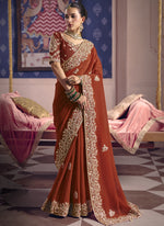 Thumbnail for Vegaa Fashion Red Silk Embroidered Wedding Wear Saree - Distacart