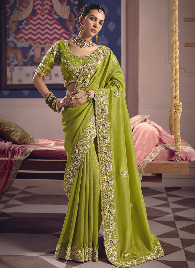 Vegaa Fashion Parrot_Green Silk Embroidered Wedding Wear Saree - Distacart