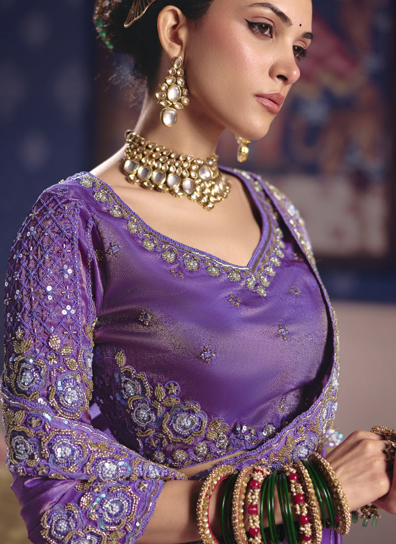 Vegaa Fashion Purple Silk Embroidered Wedding Wear Saree - Distacart