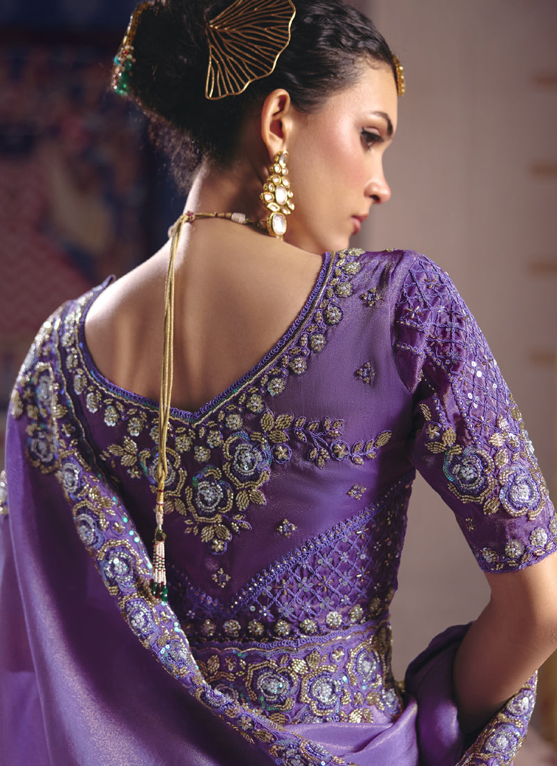 Vegaa Fashion Purple Silk Embroidered Wedding Wear Saree - Distacart