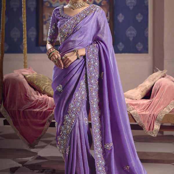 Vegaa Fashion Purple Silk Embroidered Wedding Wear Saree - Distacart