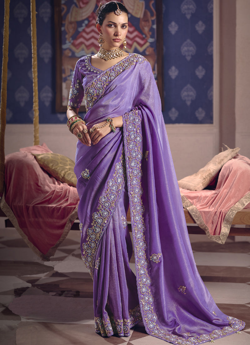 Vegaa Fashion Purple Silk Embroidered Wedding Wear Saree - Distacart