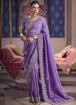 Thumbnail for Vegaa Fashion Purple Silk Embroidered Wedding Wear Saree - Distacart
