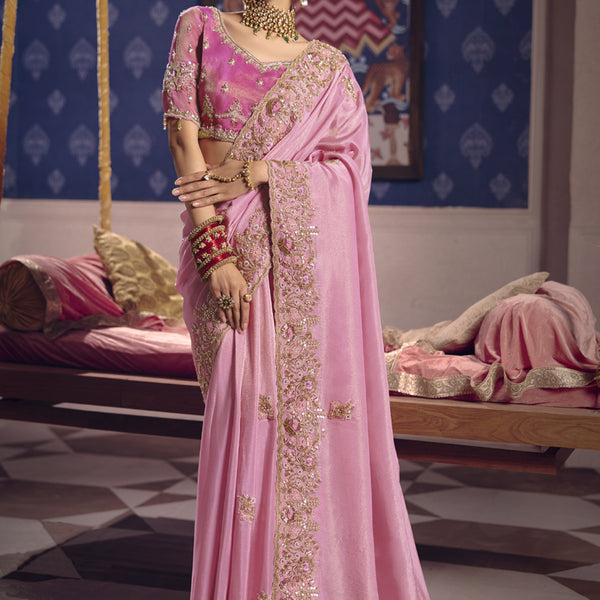 Vegaa Fashion Light_Pink Silk Embroidered Wedding Wear Saree - Distacart