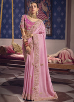 Thumbnail for Vegaa Fashion Light_Pink Silk Embroidered Wedding Wear Saree - Distacart