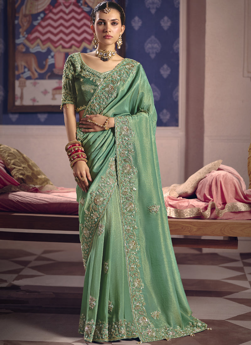 Vegaa Fashion Dark_Green Silk Embroidered Wedding Wear Saree - Distacart
