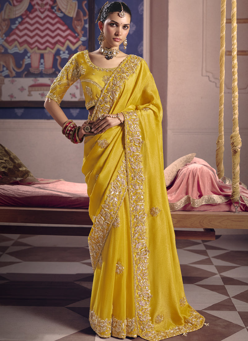Vegaa Fashion Yellow Silk Embroidered Wedding Wear Saree - Distacart